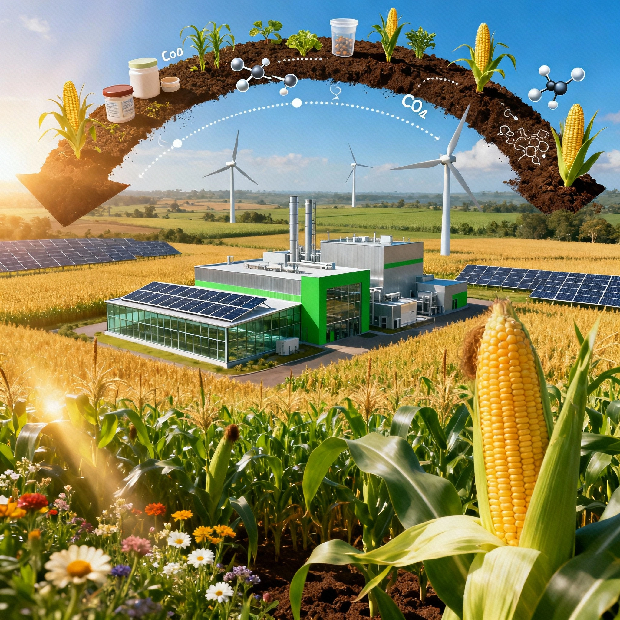 Vibrant biotechnology landscape with golden cornfields, modern eco-friendly biopolymer factory, solar panels, wind turbines, and circular economy elements showcasing sustainable innovation